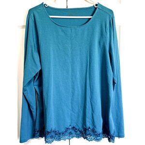 Coldwater Creek Women's 1X Blue Long Sleeve Lace Trim Scoop Neck Office Business